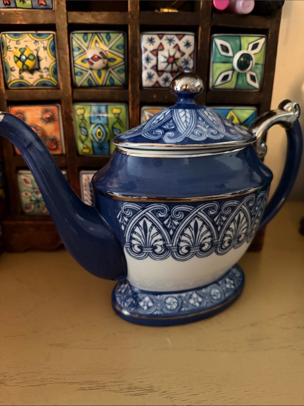 Bombay Blue and White Ceramic Teapot with Silver Accents